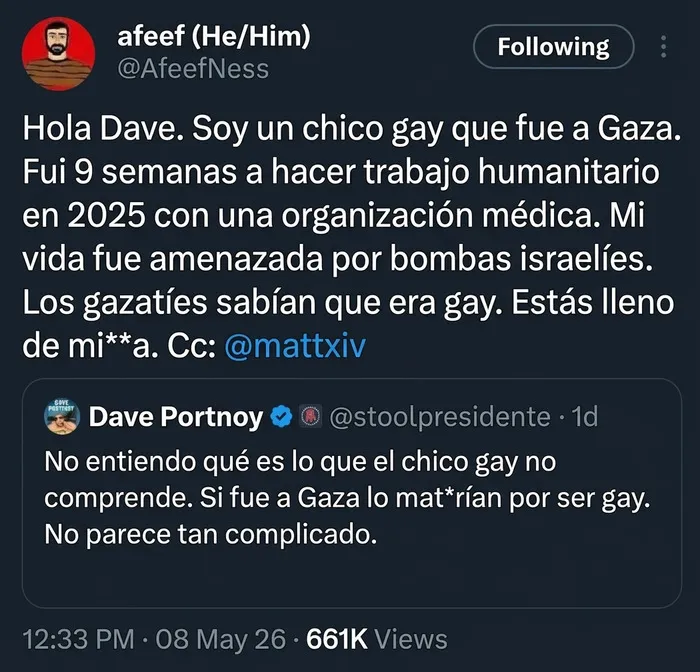 Mensaje sobre amenaza a vida gay en Gaza y trabajo humanitario en conflicto israelí