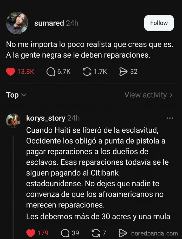 Post con debate sobre reparaciones para la gente negra y esclavitud en Haití