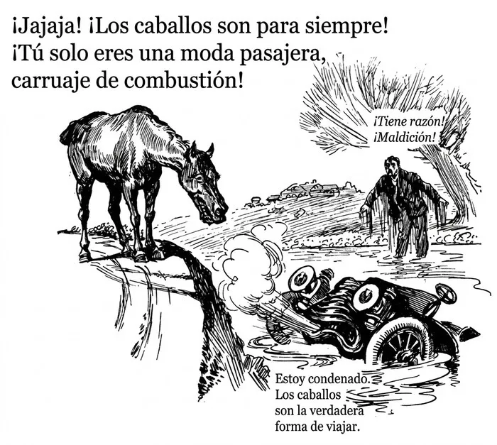 Dibujo humorístico con frase sobre caballos y el transporte, palabras que envejecen mal