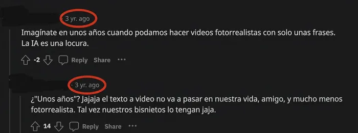 Comentarios en red dudando avances en videos fotorealistas IA.
