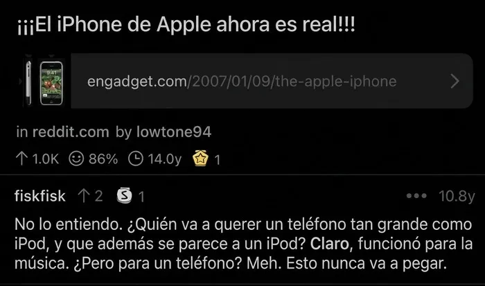 Captura de pantalla con comentario negativo sobre iPhone y su diseño similar a iPod