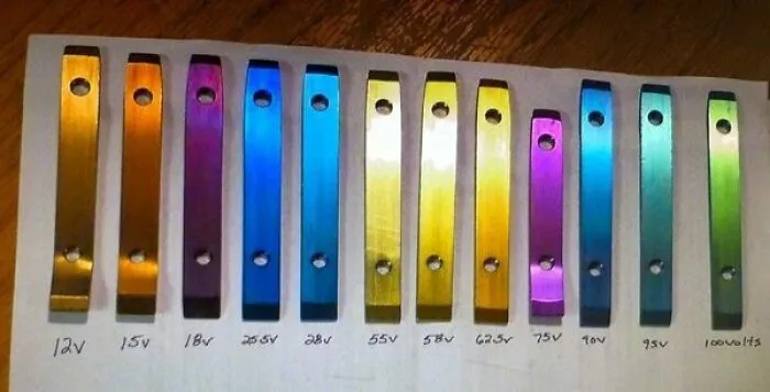 Muestras de metales anodizados en varios colores y voltajes etiquetados