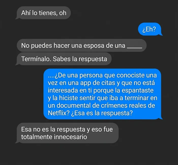 Intercambio de texto sarcástico exponiendo hombres ridículos en app de citas