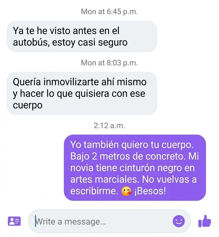 Diálogo con mensaje contundente para hombre inapropiado en conversación por red social