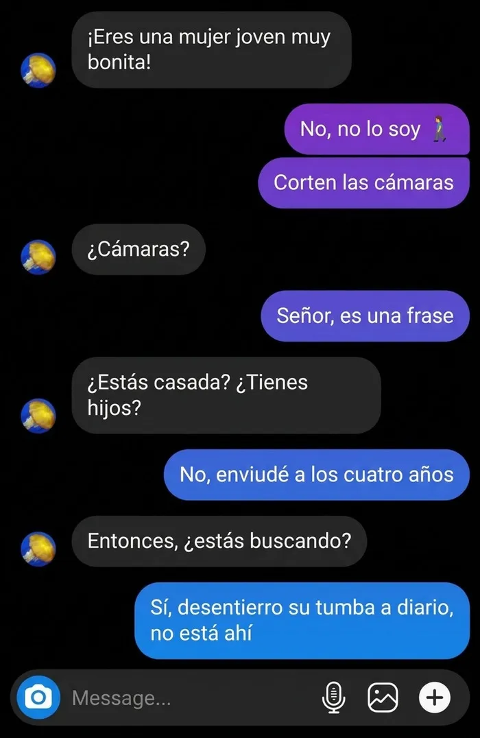 Chat donde una mujer joven responde con sarcasmo a preguntas ridículas de hombre