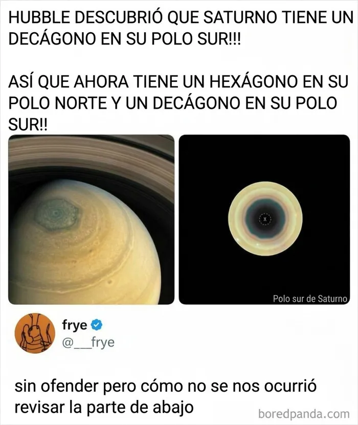 Publicación con imágenes del planeta Saturno y comentario sobre hexágono y decágono en polos
