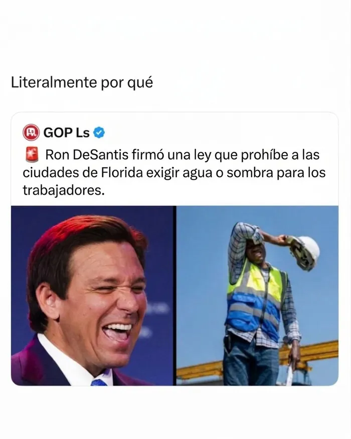 Ley de Ron DeSantis prohíbe exigir agua o sombra a trabajadores en Florida