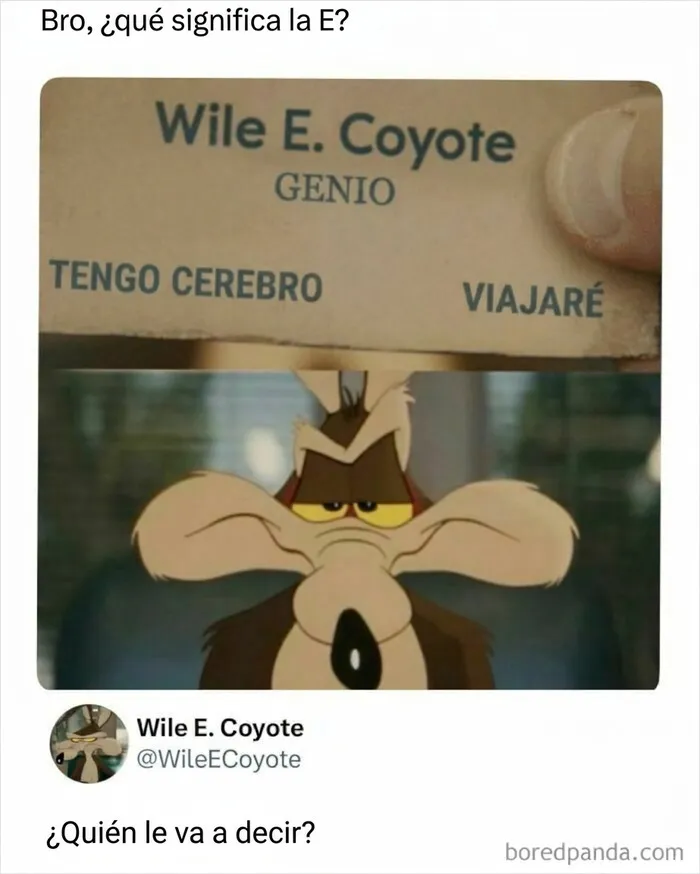 Wile E. Coyote con tarjeta explicando el significado de la E en publicaciones aleatorias