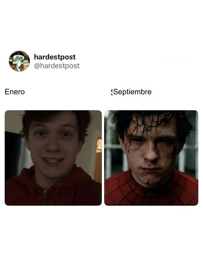 Comparación de estado emocional en enero y septiembre con imágenes de Spider-Man.
