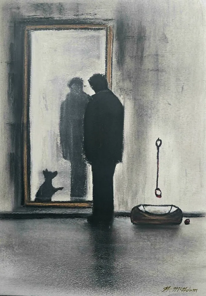 Dibujo artístico con figura y perro reflejados en espejo