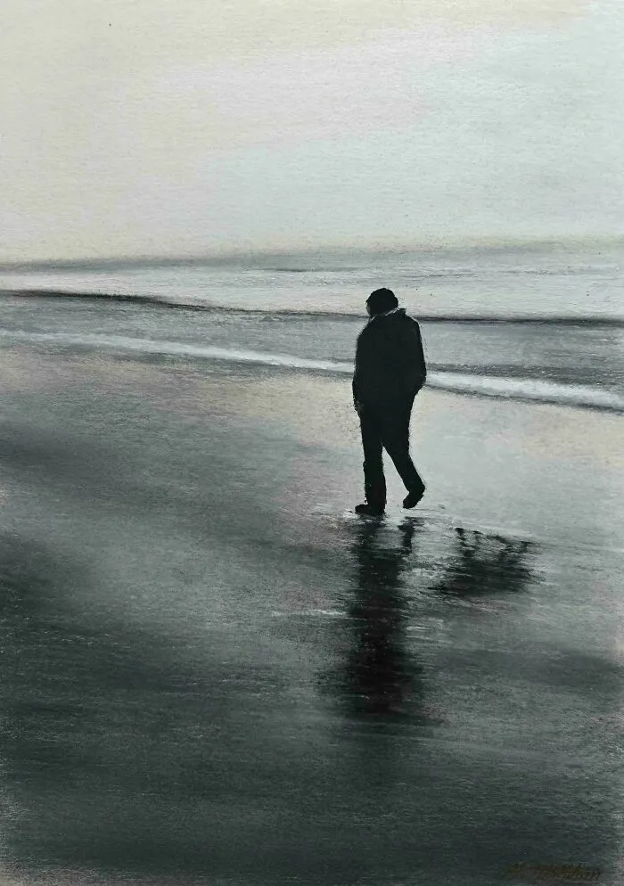 Dibujo en blanco y negro de persona caminando en la playa creación artística