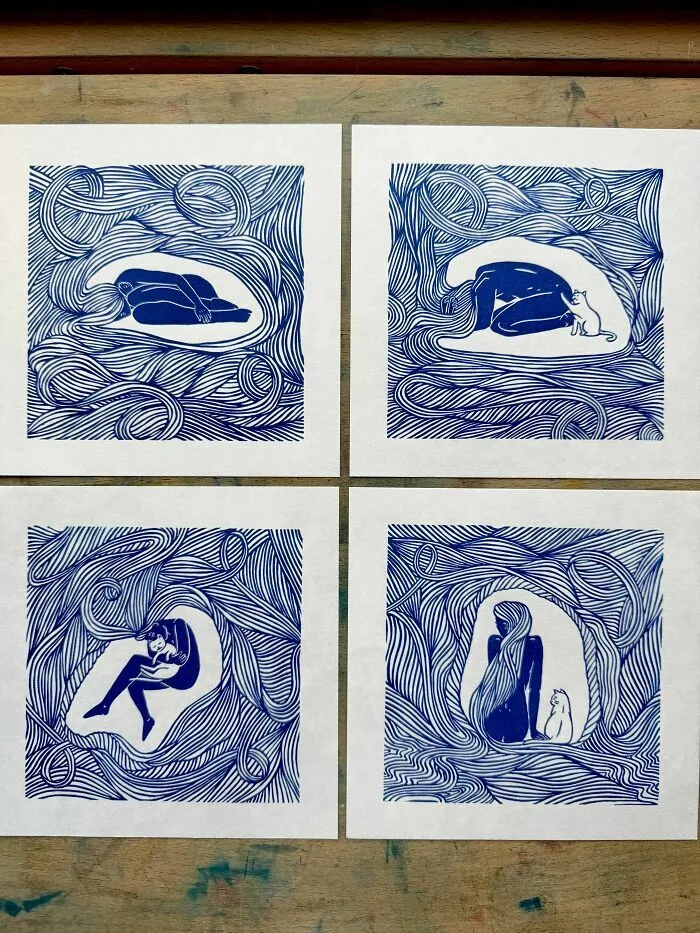 Cuatro ilustraciones en azul de mujeres y gatos, creación genial artística