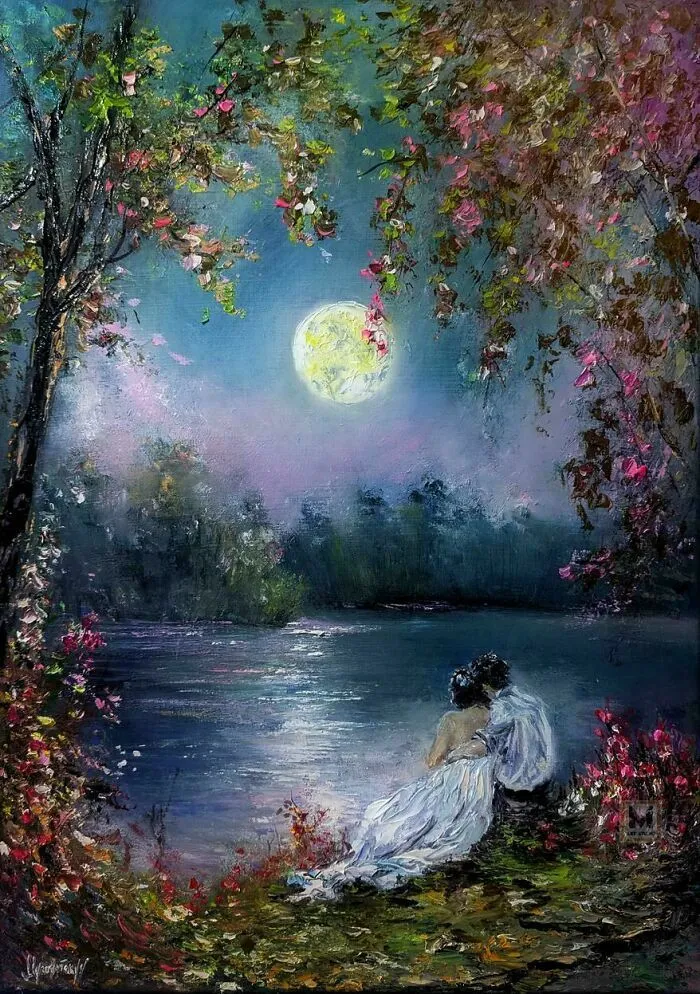 Pintura romántica al óleo de pareja junto a lago noche creativa