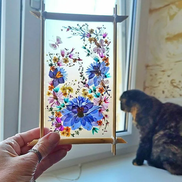 Marco con flores prensadas y gato de fondo en creación genial