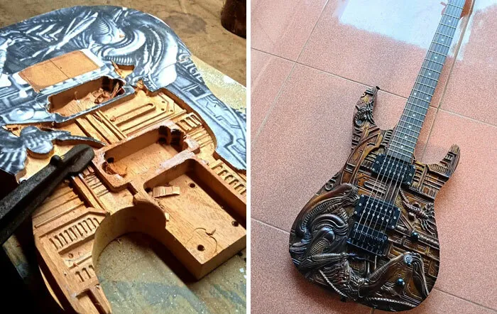 Creación genial guitarra con detalles tallados en madera y metal