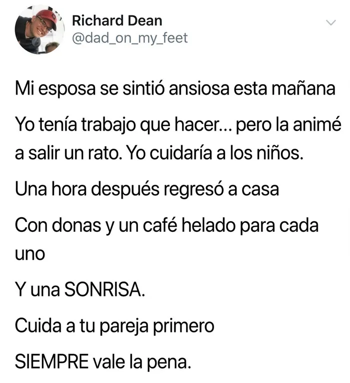 Tuit que resalta la importancia de cuidar y apoyar a la pareja en momentos de ansiedad