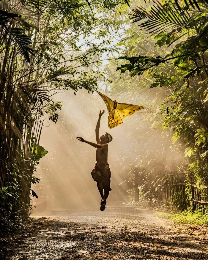 Niño jugando con cometa en bosque con rayos de sol fotográfica Siena 2026