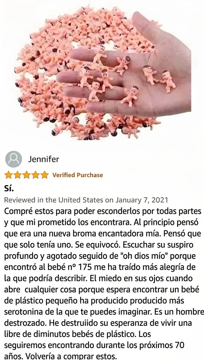 Reseña divertida sobre bebés de plástico en Amazon que causan sorpresa y miedo.