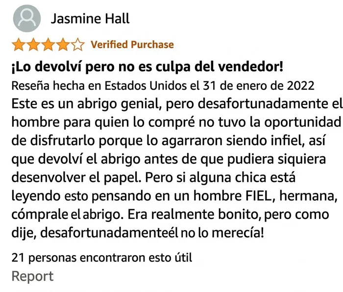 Reseña en Amazon sobre abrigo devuelto sin culpa del vendedor