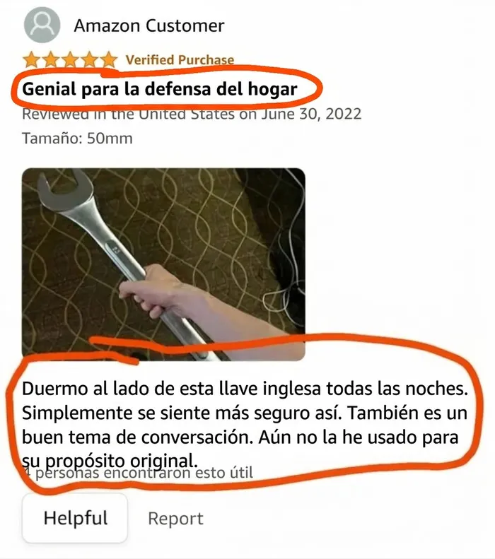 Llave inglesa para defensa del hogar reseña divertida en Amazon