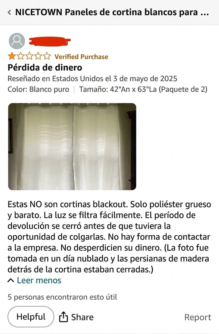 Reseña de Amazon sobre cortinas blancas que no son blackout