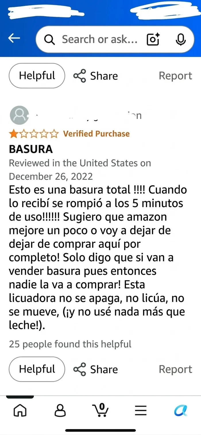 Reseña de Amazon sobre licuadora que se rompió y no funciona