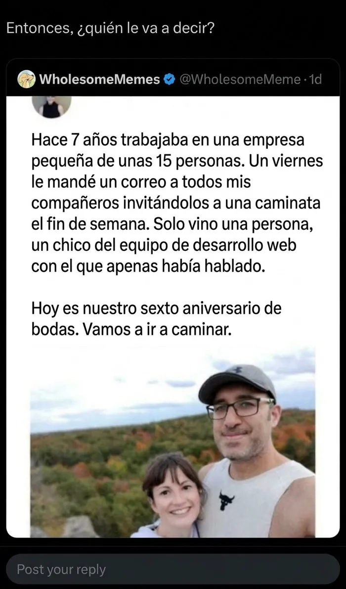 Publicación en redes sociales sobre una pareja feliz, ejemplo de memes y bromas con historias emotivas.
