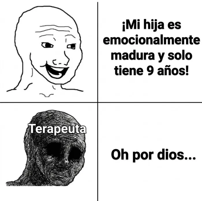 Meme formato Wojak sobre madurez emocional y terapia dentro de la lista de memes y bromas.