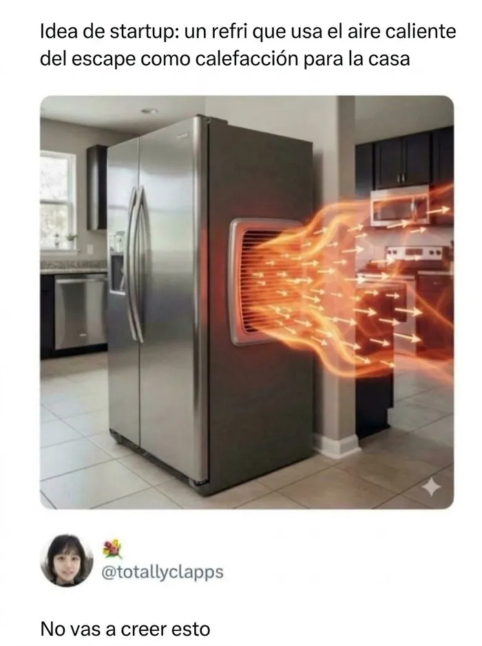 Ilustración absurda sobre una idea de startup en una lista de memes y bromas con un refrigerador echando fuego.