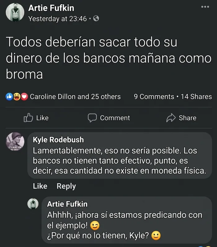 Captura de pantalla de publicación en redes sociales sobre bancos, parte de memes y bromas irónicas.