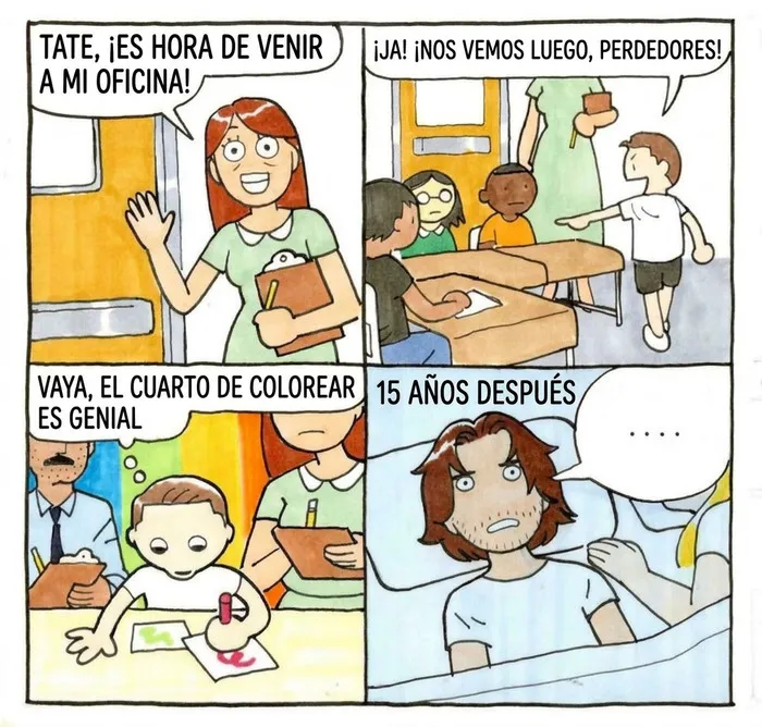 Comic divertido sobre un niño en la escuela, ejemplo de memes y bromas creativas.