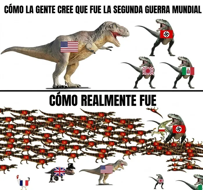 Meme historico con dinosaurios sobre la Segunda Guerra Mundial explicado