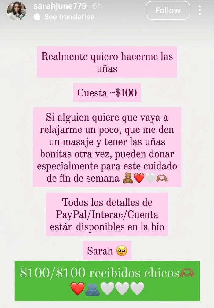 Captura de pantalla de historia donde influencers piden donaciones de dinero para arreglarse las uñas.