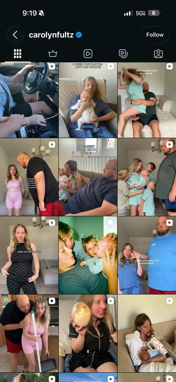 Perfil de redes sociales de una influencer mostrando momentos de su vida familiar diaria.