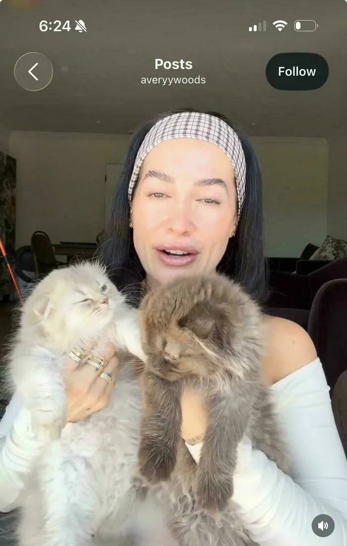 Una de las influencers cargando dos gatitos esponjosos para una publicación
