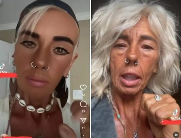 Comparativa de una mujer con filtro facial exagerado y su rostro real, mostrando fotos retocadas.