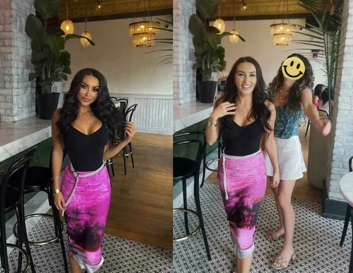 Comparativa de una mujer en fotos tan retocadas frente a su aspecto natural en una reunión.