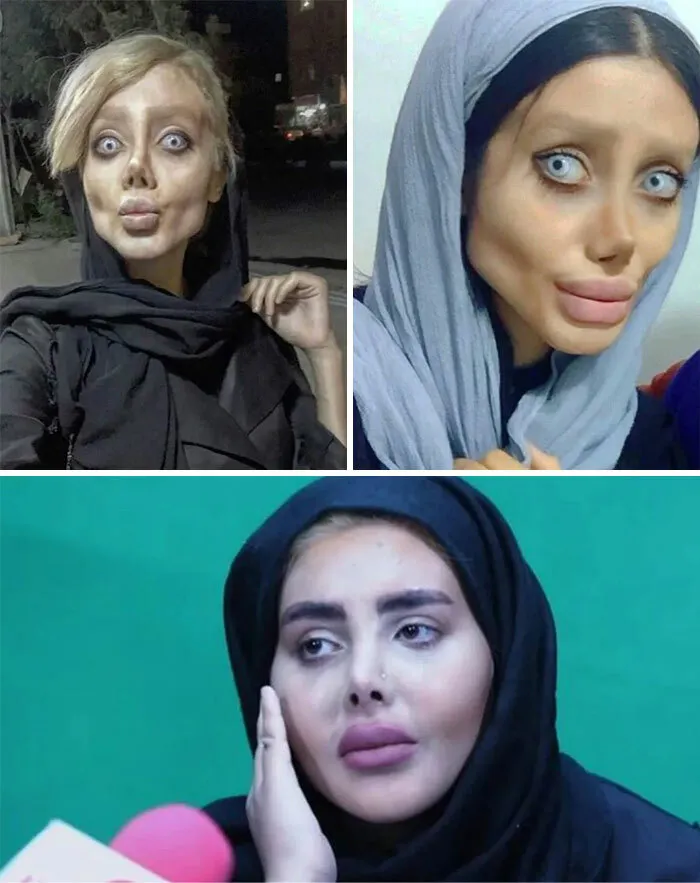 Tres imágenes de Sahar Tabar mostrando rostros en fotos tan retocadas con filtros drásticos.