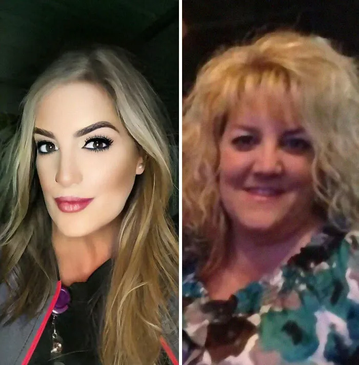 Comparación antes y después de una mujer en fotos tan retocadas con edición digital extrema.