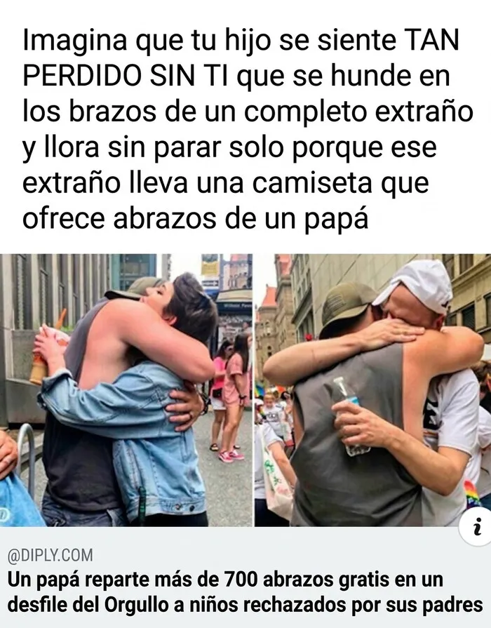 Un hombre dando abrazos gratis en un evento, una de las imágenes reconfortantes.