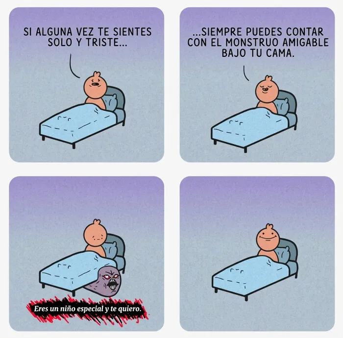 Cómic de cuatro viñetas con un monstruo cariñoso, una de las imágenes reconfortantes del artículo.