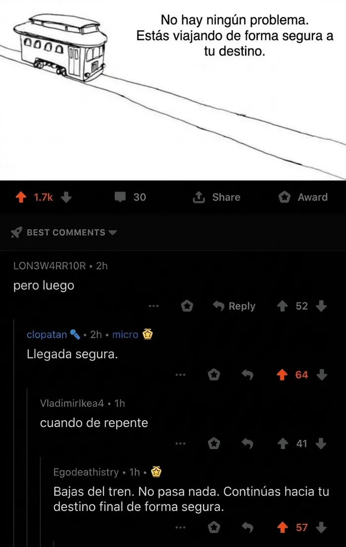 Meme positivo de un tranvía viajando de forma segura, imágenes reconfortantes.