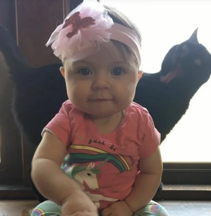 Bebé sonriente con gato en el fondo formando una imagen divertida con el fondo
