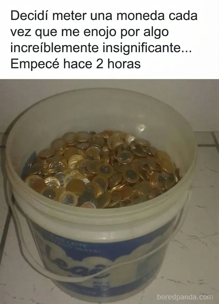 Un recipiente lleno de monedas junto a un texto irónico, representando divertidos memes británicos.