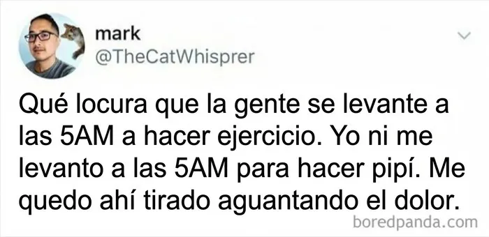 Publicación graciosa en redes sobre despertarse temprano, un ejemplo de divertidos memes británicos.