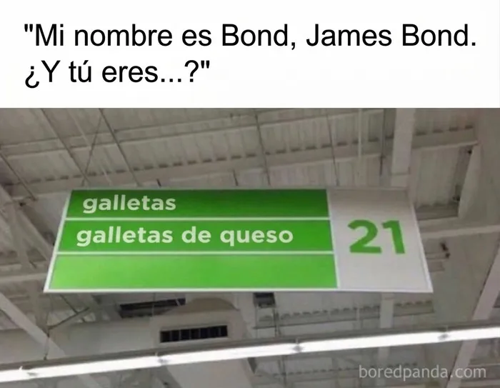 Cartel de supermercado con un juego de palabras al estilo James Bond en memes británicos.