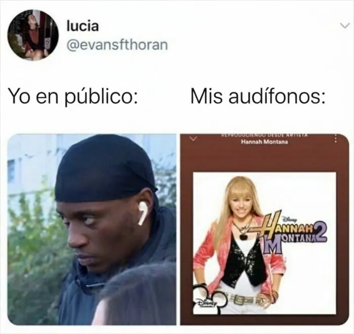 Meme gracioso con un hombre serio escuchando Hannah Montana mostrando el humor británico.