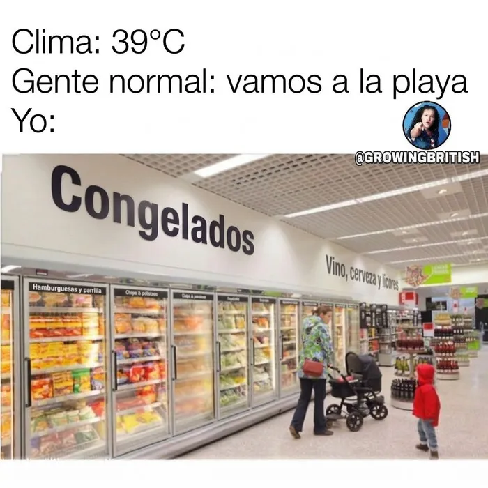 Meme sobre ir al pasillo de congelados en un supermercado como parte del humor británico.