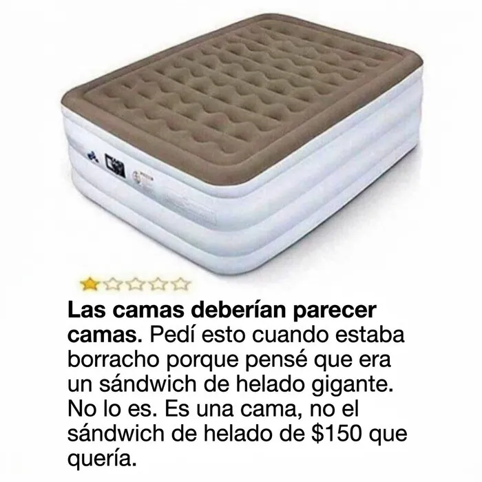 Meme británico humorístico sobre un colchón inflable confundido con un sándwich de helado.