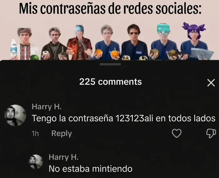 Captura de comentario que muestra ignorancia en TikTok al revelar una contraseña real públicamente.